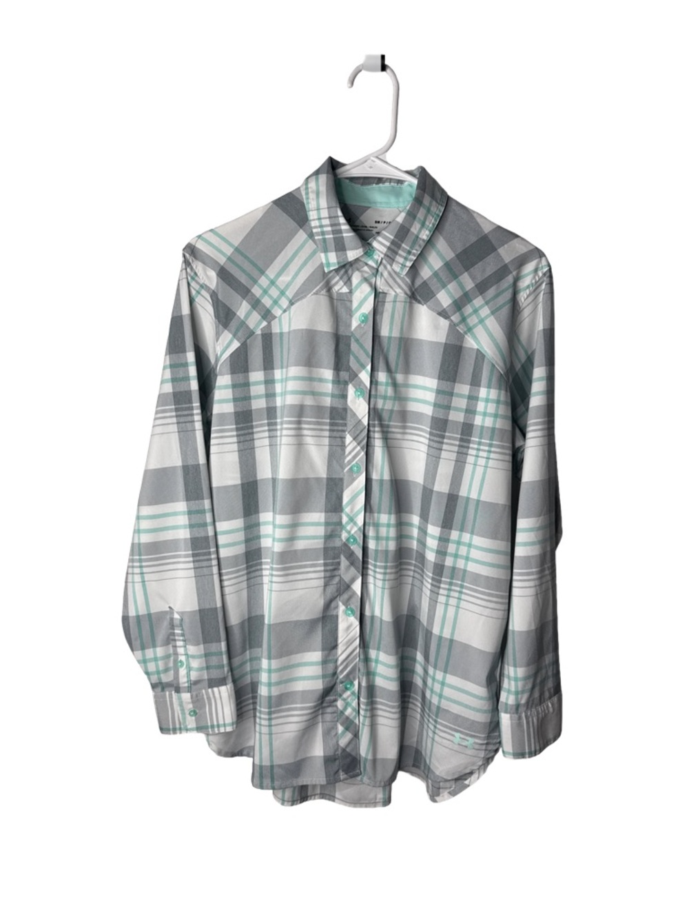 UNDER ARMOUR Women’s Loose Fit HeatGear Gray Mint Plaid Button-Down Shirt Small